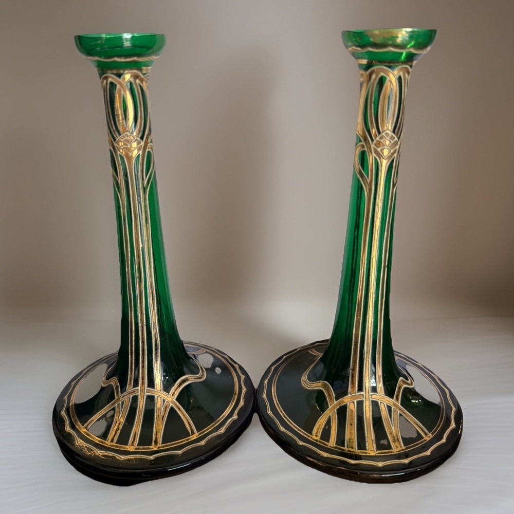 Vtg Art Nouveau Jugendstil Gold Gilded Green Satin Glass Vases 2 Ea Circa 1900s